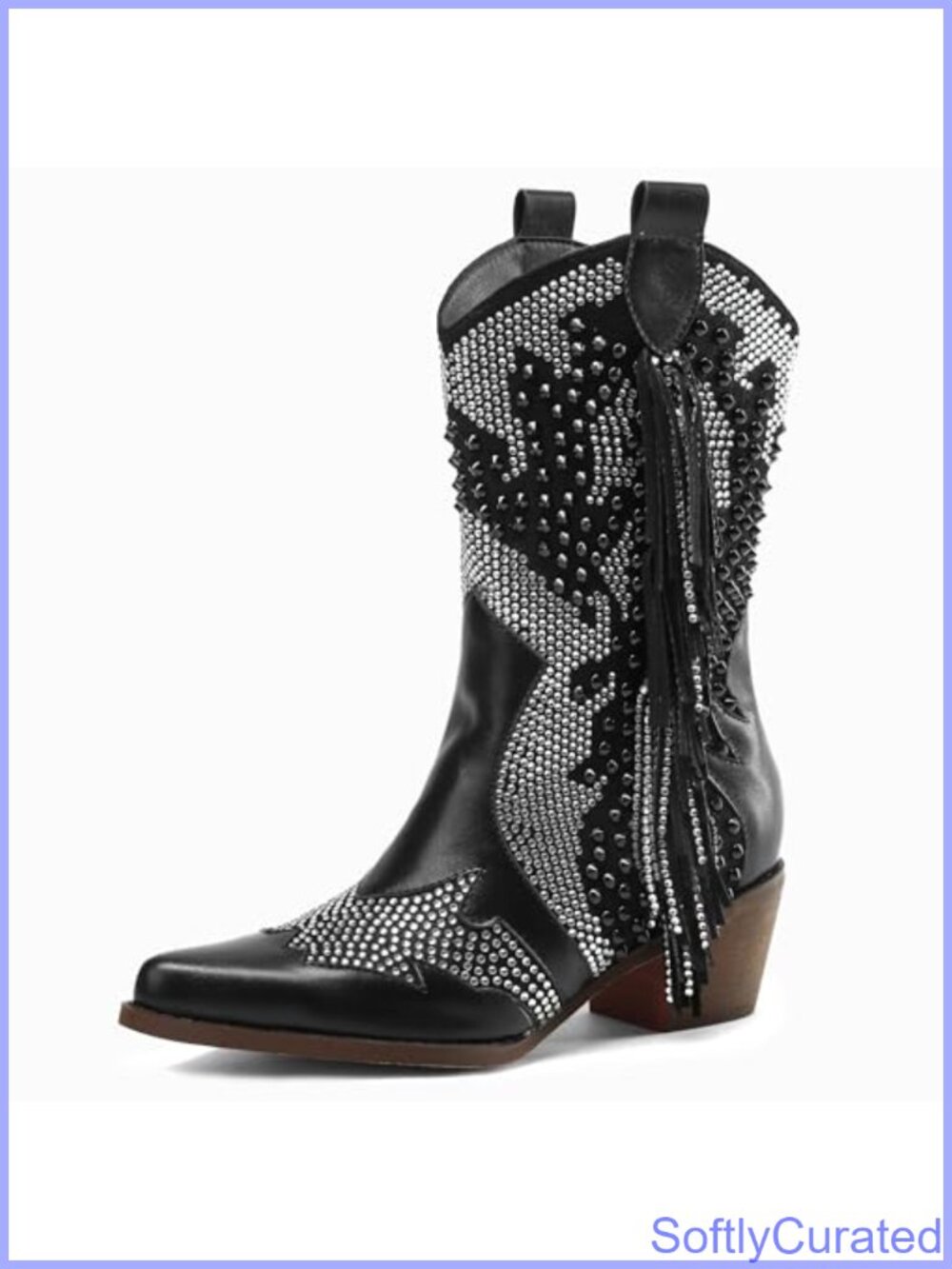 Rhinestone Western Ankle Boots Chunky Heel Tassel Pointed Toe Slip-On